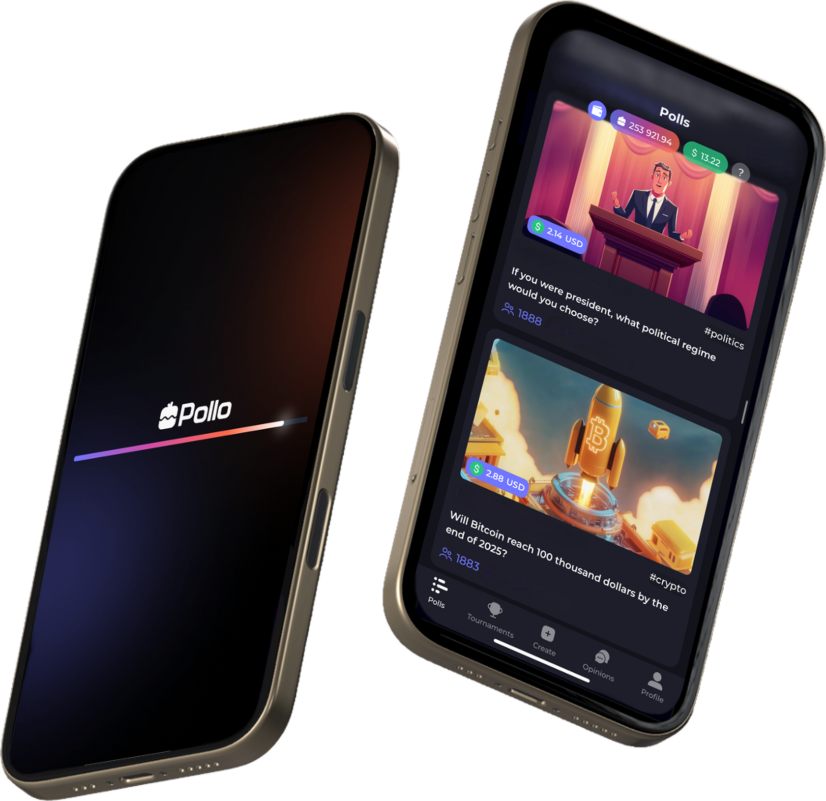 Pollo app showing polls and community features