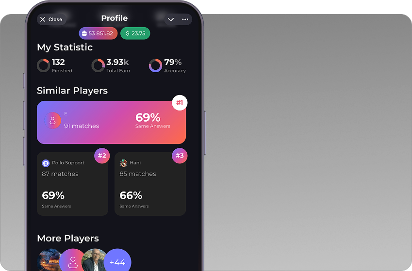 Phone screens showing profile with opinion match percentages for connecting with like-minded people